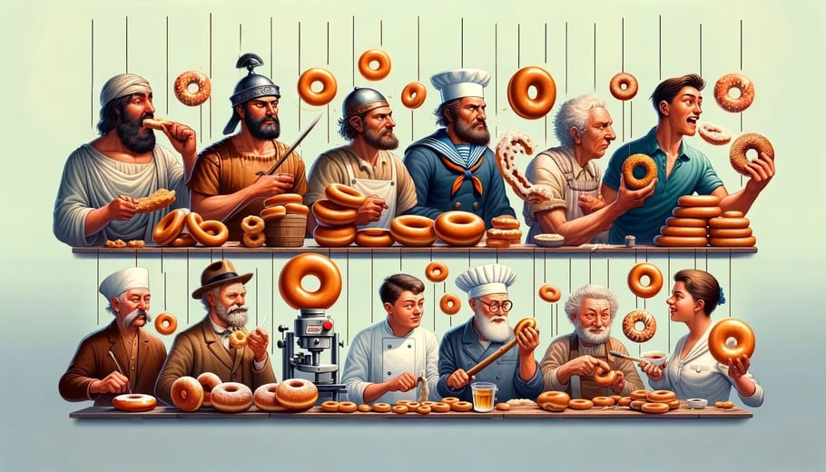 A-historical-timeline-of-doughnuts-featuring-ancient-Romans-and-Greeks-enjoying-fried-dough